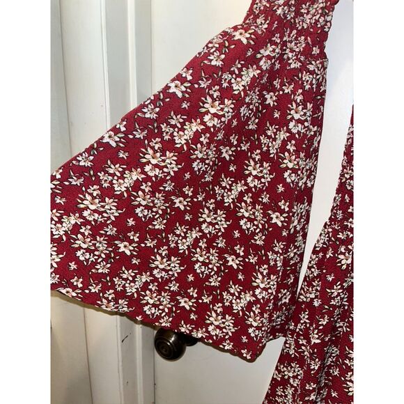 ONEYIM Burgundy Floral Print Long Sleeve Off The Shoulder Summer Dress - Picture 6 of 7